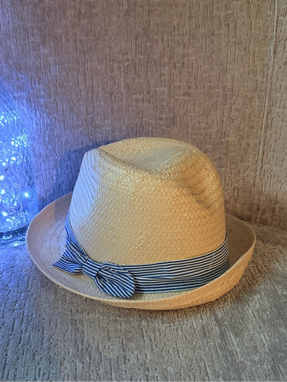 H&M Natural Straw Fedora with Blue-White Striped Band